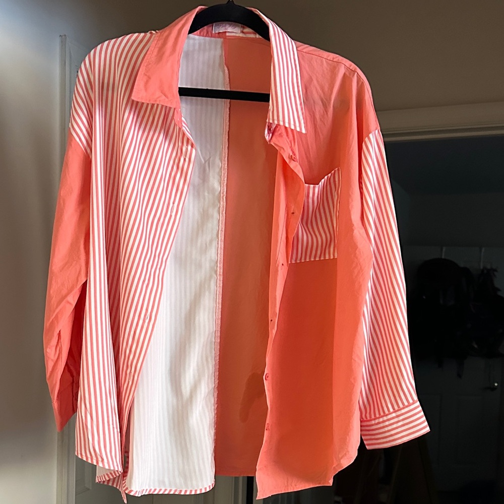 Pink Lily Coral and White Striped Button-Down Shirt